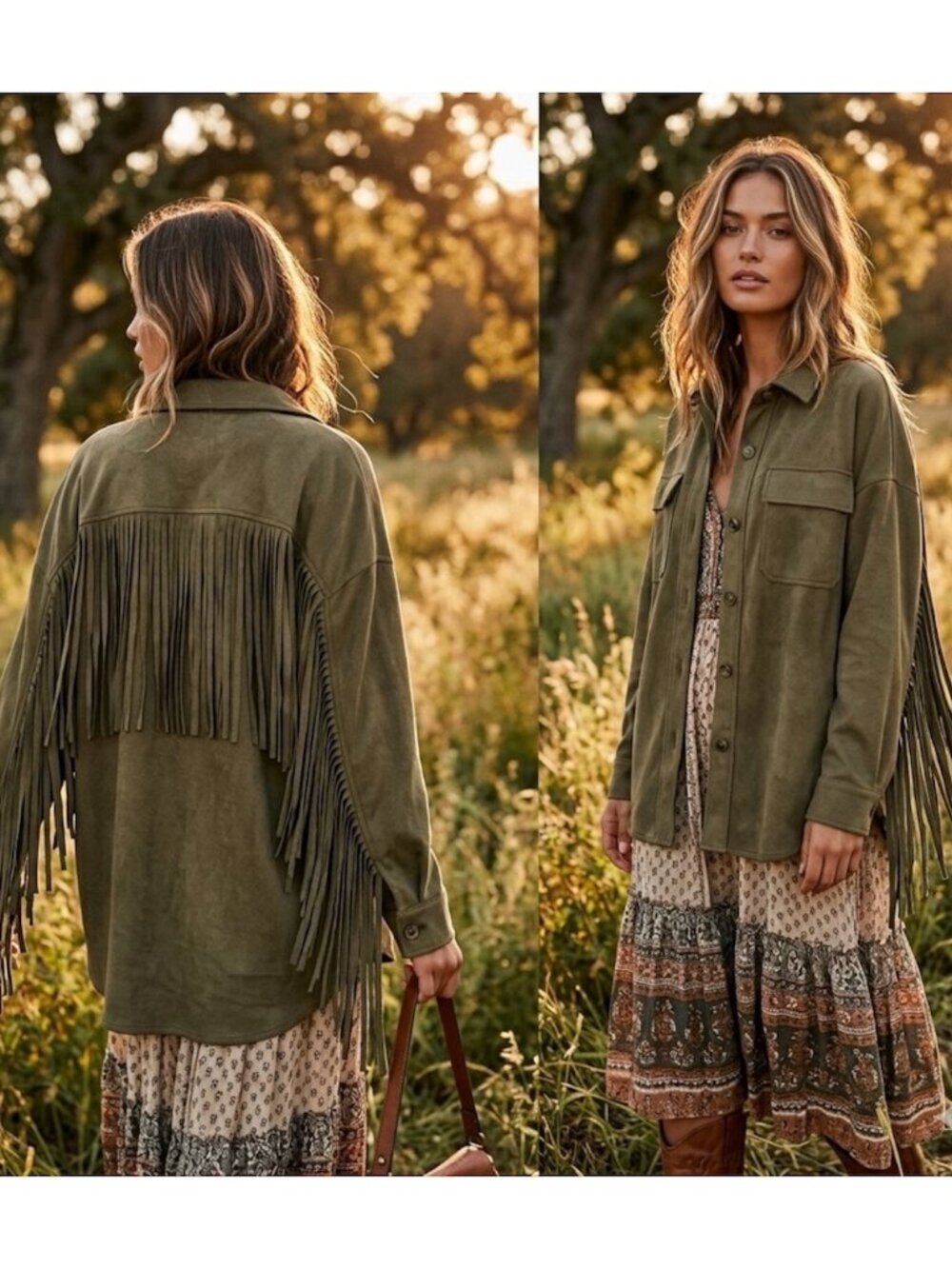 Fringe Boho Suede Like Shacket Jacket Shirt Olive Green Western Size Medium